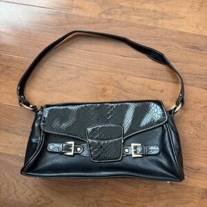 Black Leather George Shoulder Bag Y2K Grunge Moto Hobo Purse Silver Hardware